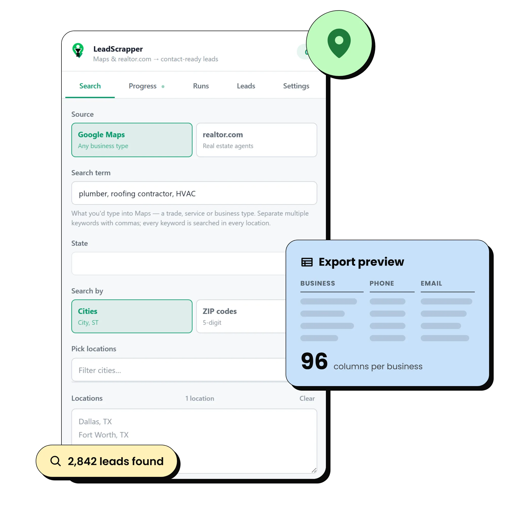 The side panel searching Google Maps for plumbers, roofers and HVAC companies, with an export preview showing 96 columns per business
