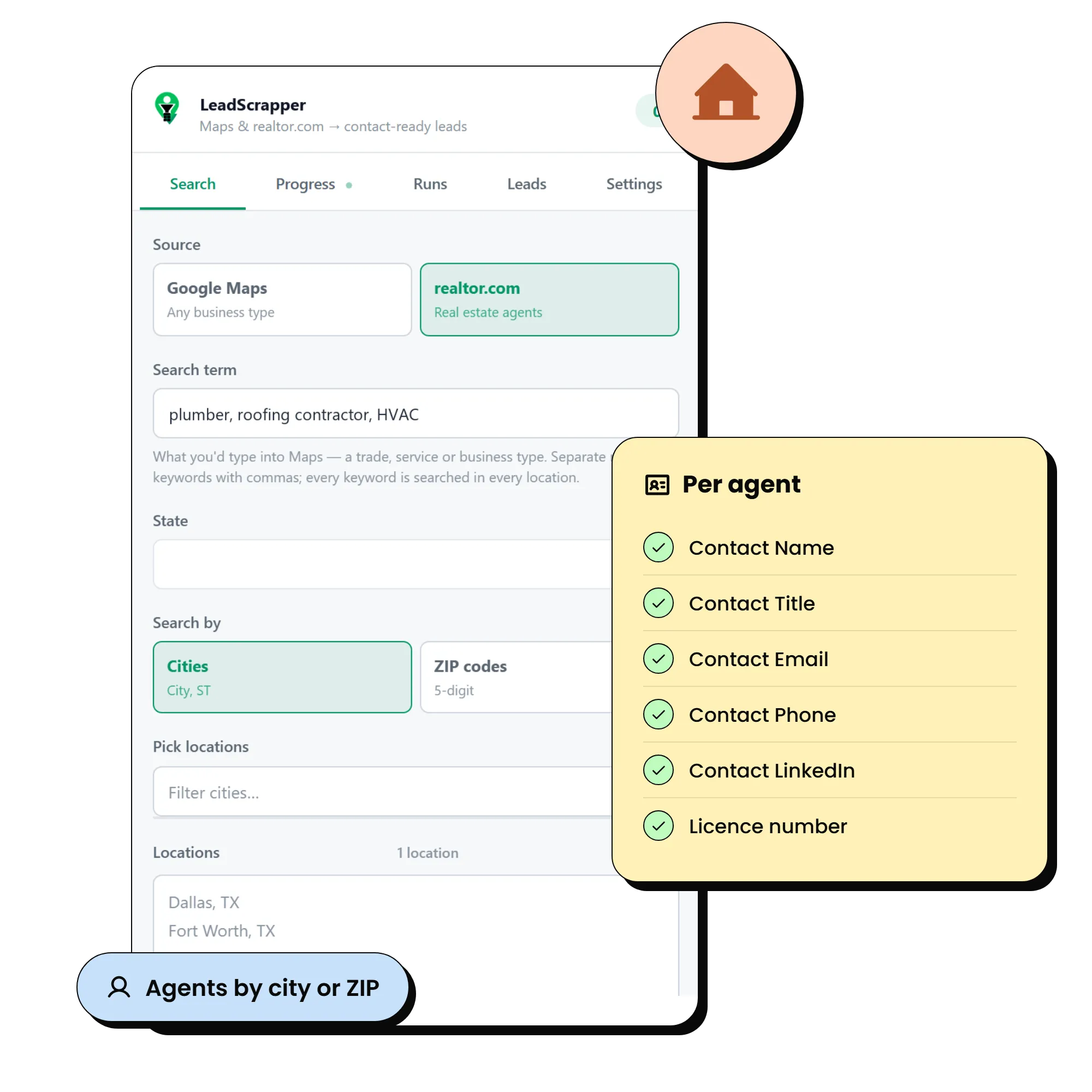 The side panel with realtor.com selected, and the fields captured for each agent